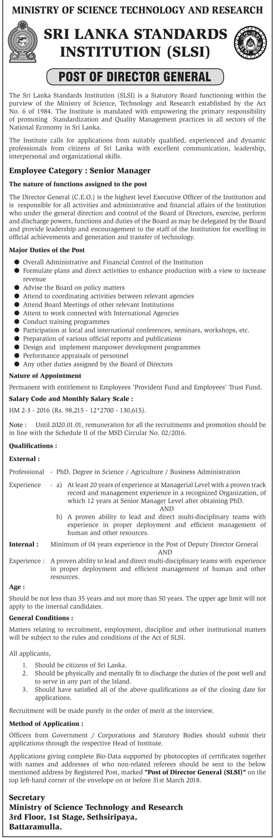 Director General - Sri Lanka Standards Institution (SLSI)